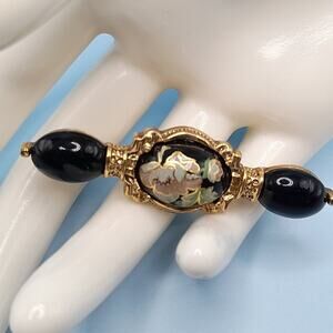 1928 Jewelry Floral Bar Brooch Black Enamel Gold Tone Art Deco 2.25”